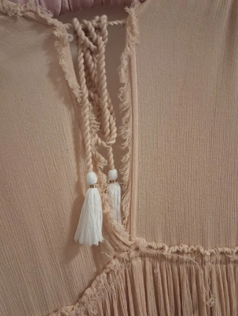 Free People Neutral Beige Embroidered Tassel Maxi Dress